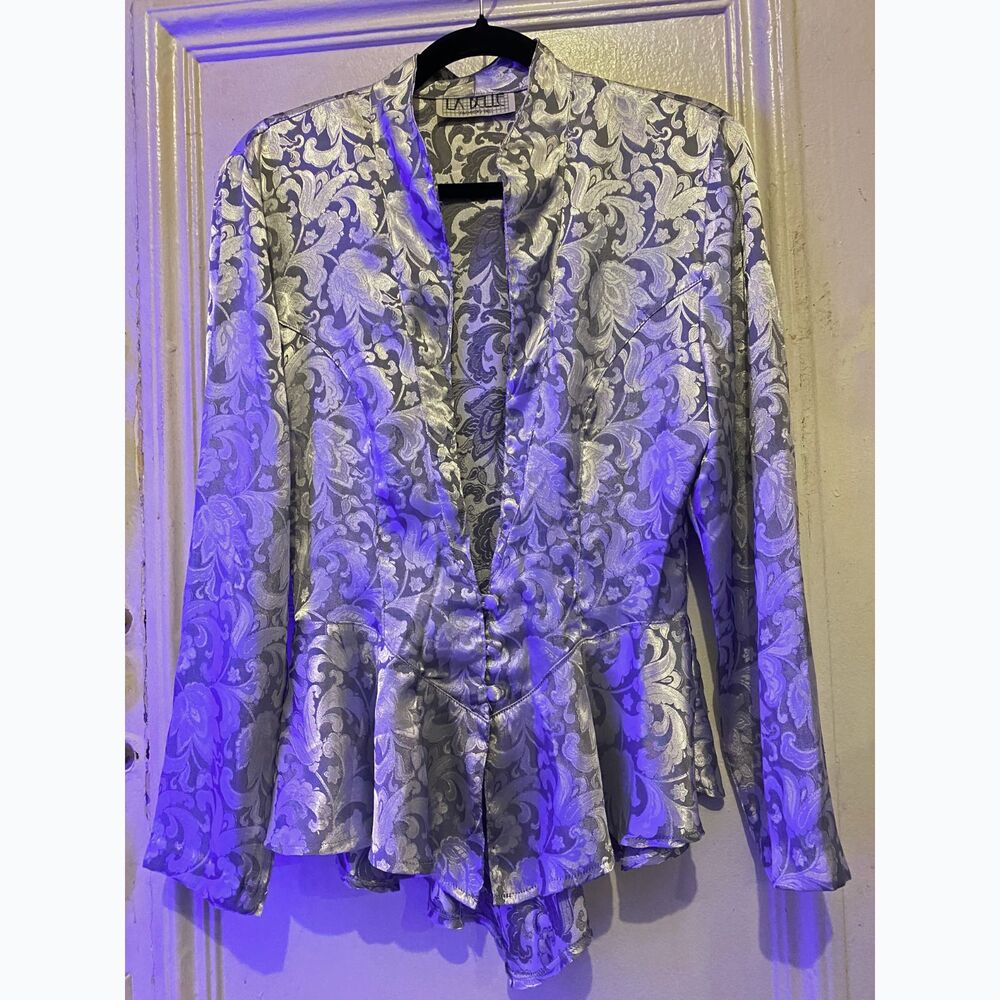Vintage 80s La Belle Metallic Silver Floral Jacquard Peplum Jacket / Blouse